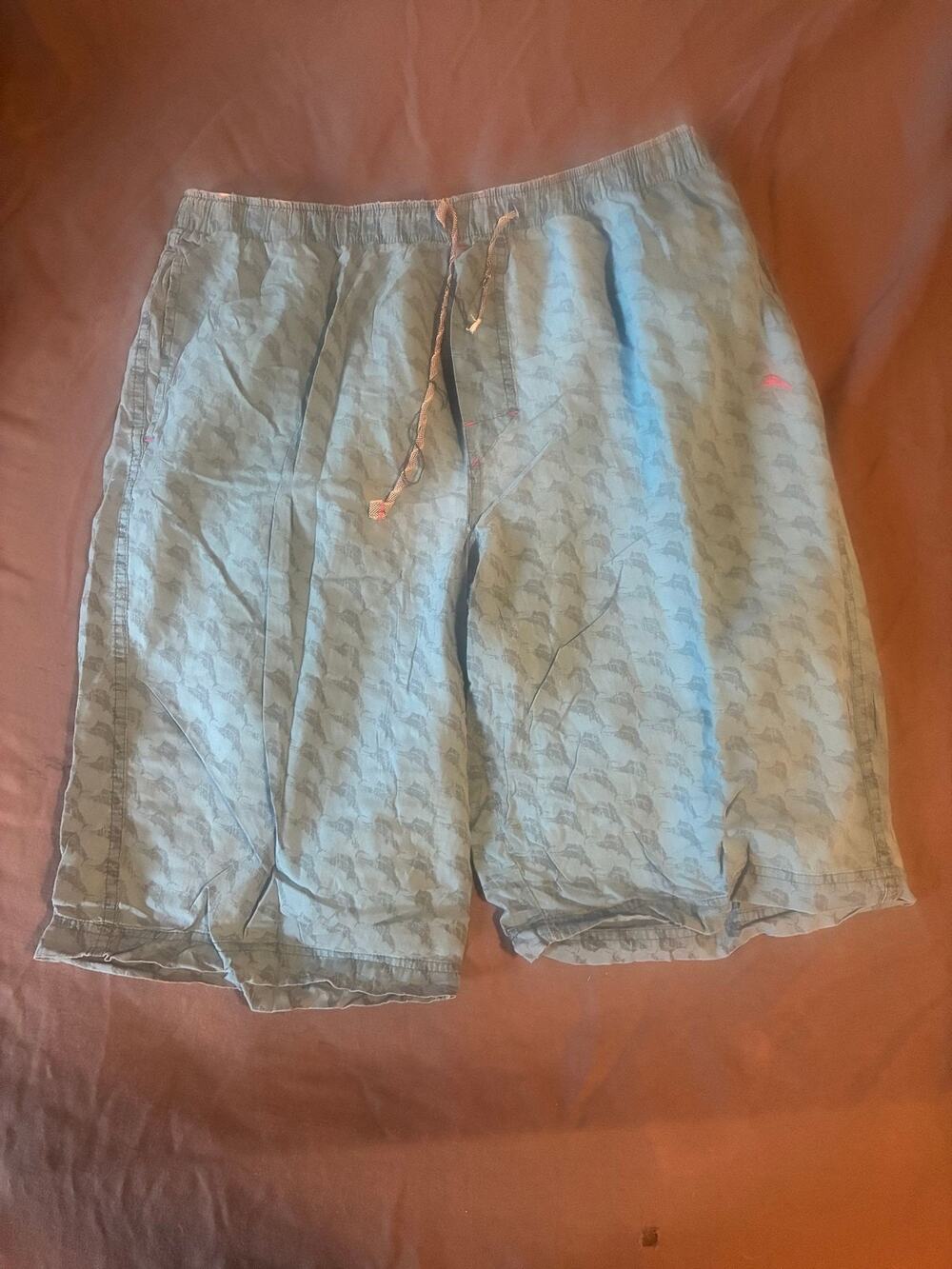 Tommy Bahama Swim Trunks Mens L Light Blue Fish Print Elastic Drawstring Pockets